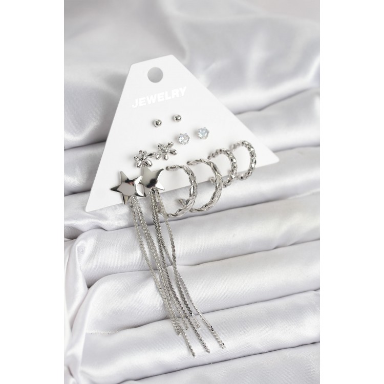 Silver-Colored Brass 6-Pair Women's Earring Set - TJ-BKP11338