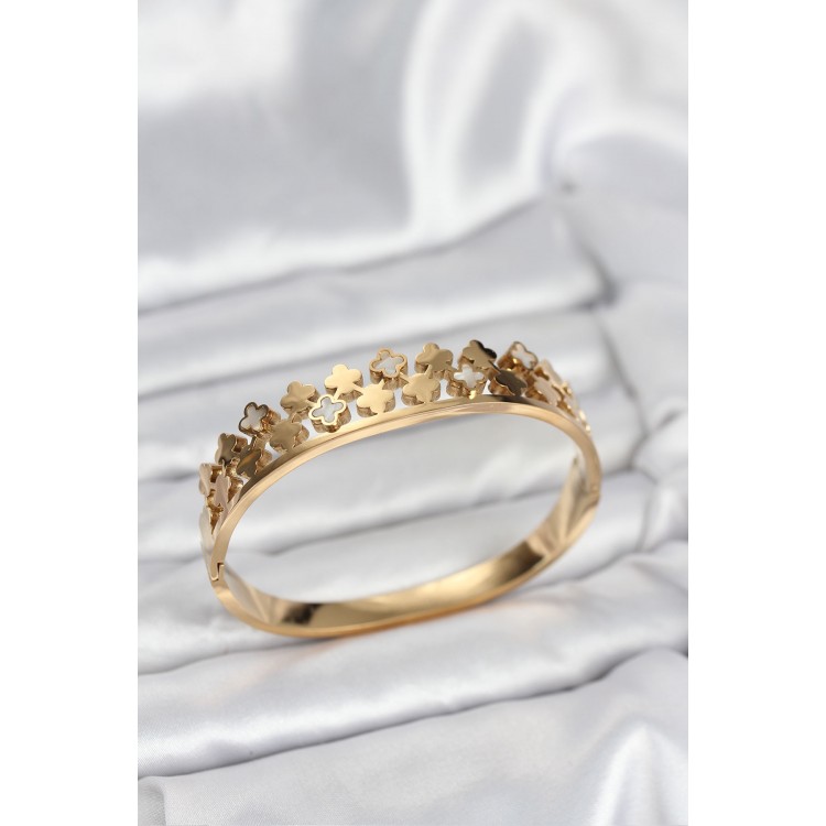 316L Çelik Gold Renk Minimal Yoncalı Kadın Kelepçe Bileklik - TJ-BB8072