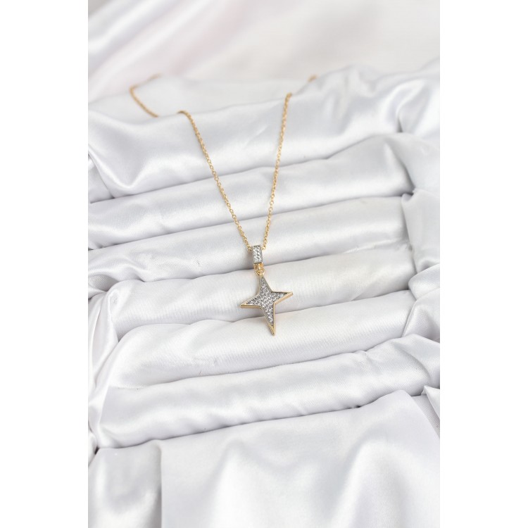 316L Çelik Zincir Gold Renk Kutup Yıldızı Model Zirkon Taşlı Kadın Kolye - TJ-BKO10610