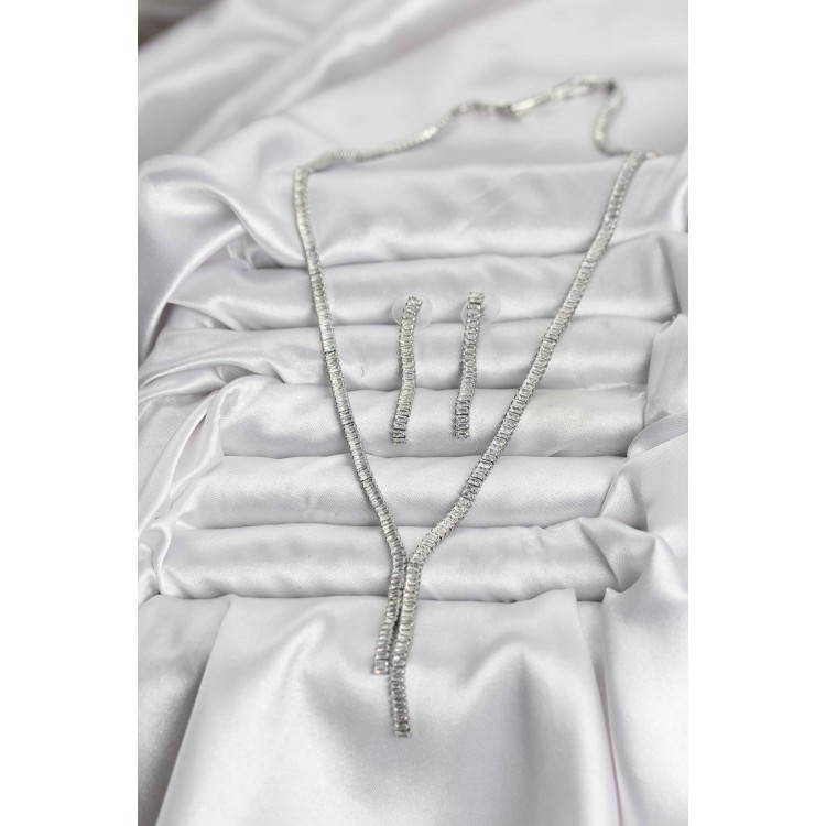 Gümüş Renk Baget Zirkon Taşlı Kadın Kolye Küpe Set - TJ-BKO10637