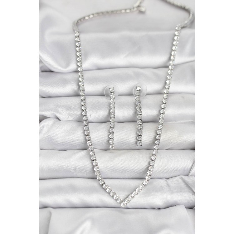 Gümüş Renk Zirkon Taşlı Kadın Kolye Küpe Seti - TJ-BKO10638