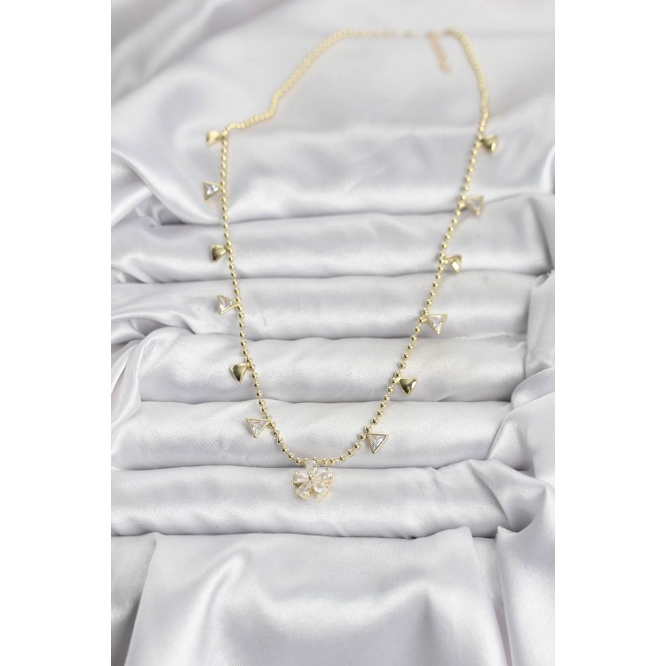 Pirinç Gold Renk Zirkon Taşlı Çiçek Model Kadın Kolye - TJ-BKO10642