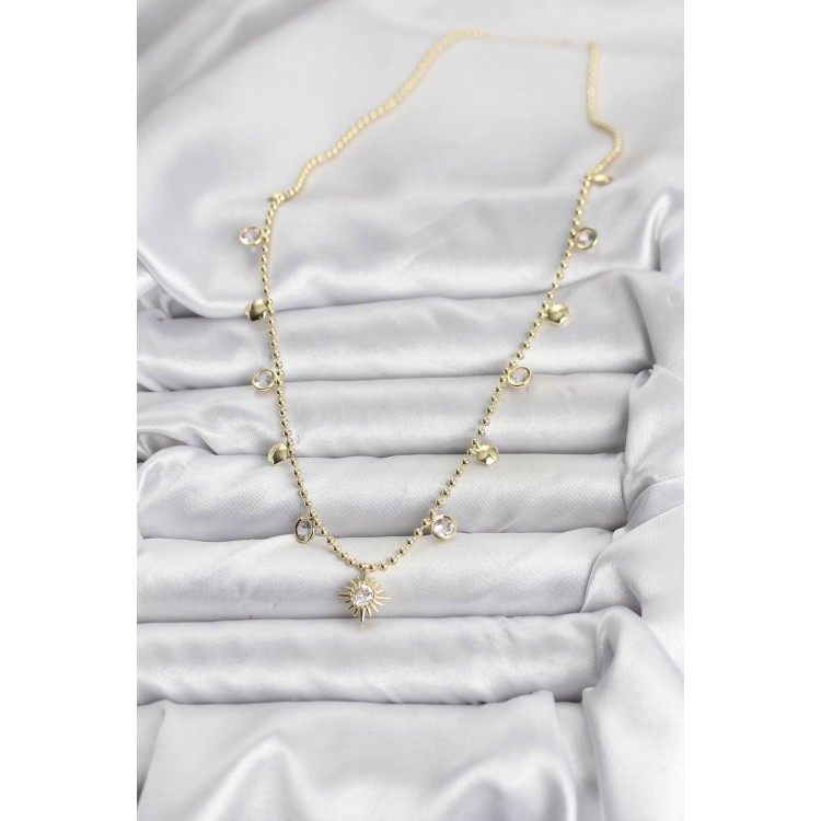 Zirkon Taşlı Kutup Yıldızı Model Pirinç Gold Renk Kadın Kolye - TJ-BKO10648
