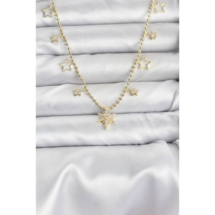 Pirinç Gold Renk Zirkon Taşlı Kutup Yıldızı Model Kadın Kolye - TJ-BKO10649