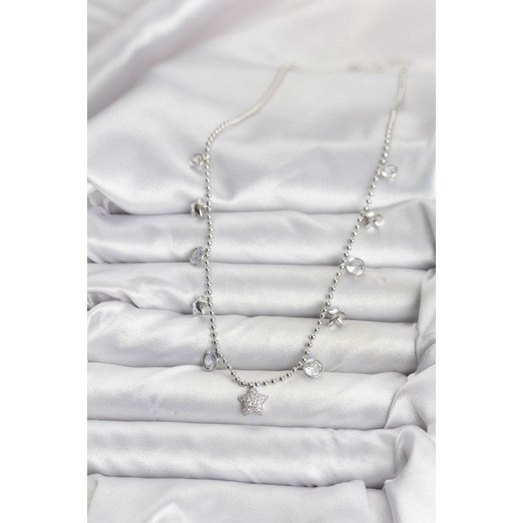 Pirinç Gümüş Renk Yıldız Model Kadın Kolye - TJ-BKO10650