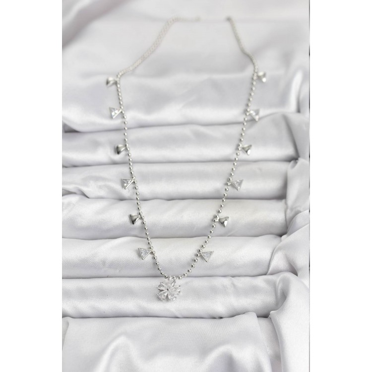 Silver-Tone Zircon Stone Flower Design Women's Necklace - TJ-BKO10652