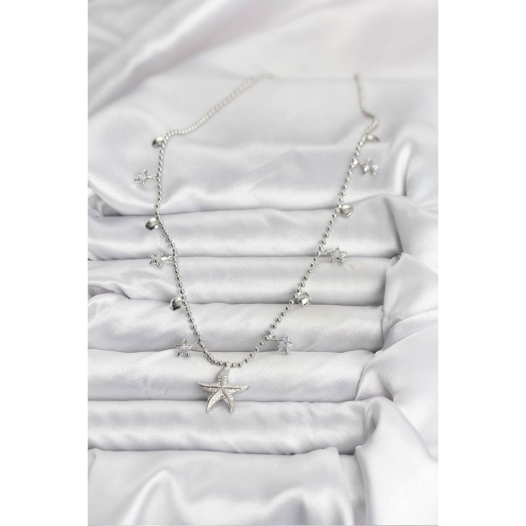 Pirinç Gümüş Renk Zirkon Taşlı Deniz Yıldızı Model Kadın Kolye - TJ-BKO10654