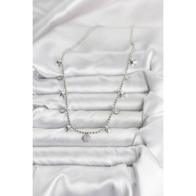 Pirinç Gümüş Renk Zirkon Taşlı Deniz Kabuğu Model Kadın Kolye - TJ-BKO10656