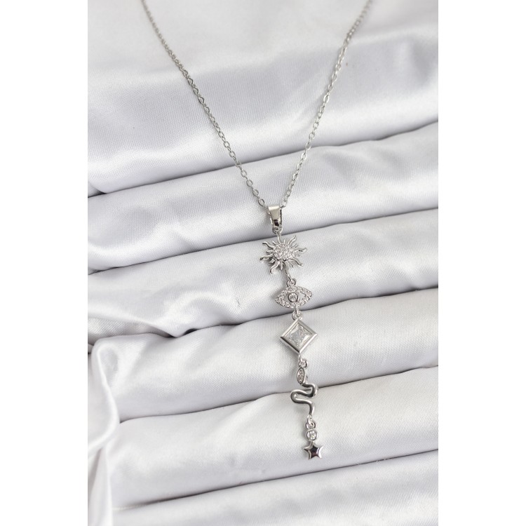 316L Çelik Zincir Gümüş Renk Güneş ve Enerji Model Kadın Y Kolye - TJ-BKO10669