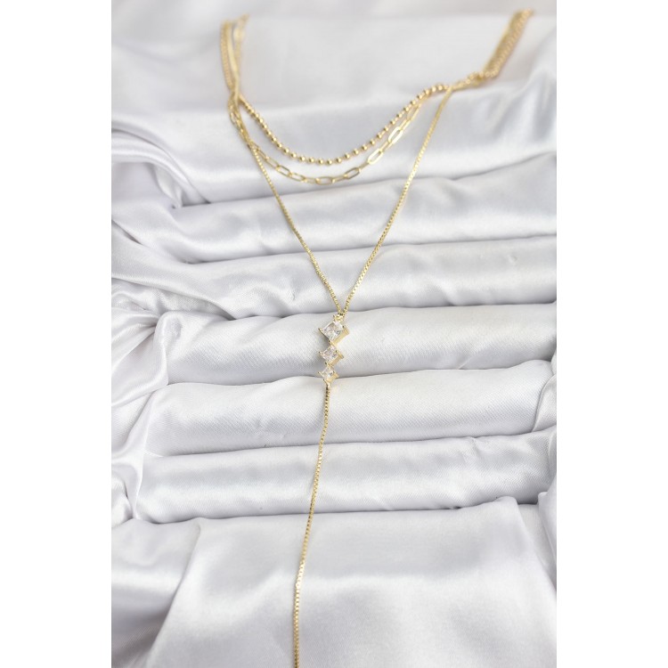 Pirinç Gold Renk Zirkon Taş Detaylı 3'lü Kombin Y Kadın Kolye - TJ-BKO10691