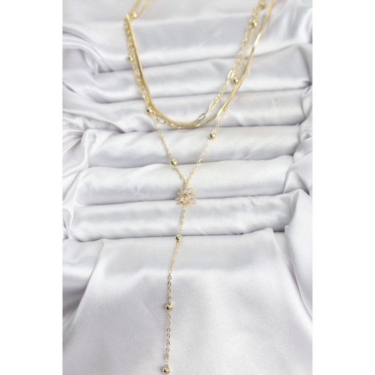 Pirinç Gold Renk Kutup Yıldızı Model Detaylı 3'lü Kombin Y Kadın Kolye - TJ-BKO10694