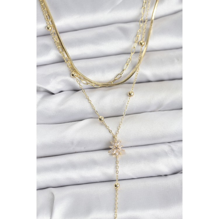 Pirinç Gold Renk Kutup Yıldızı Model Detaylı 3'lü Kombin Y Kadın Kolye - TJ-BKO10694