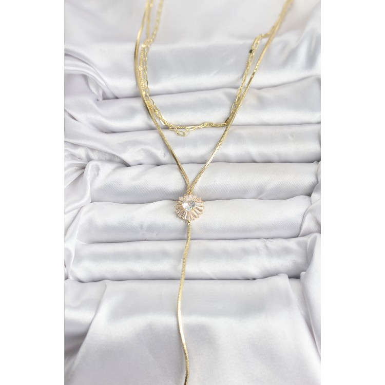 Pirinç Gold Renk Zirkon Taşlı Papatya Model Detaylı 3'lü Kombin Y Kadın Kolye - TJ-BKO10696