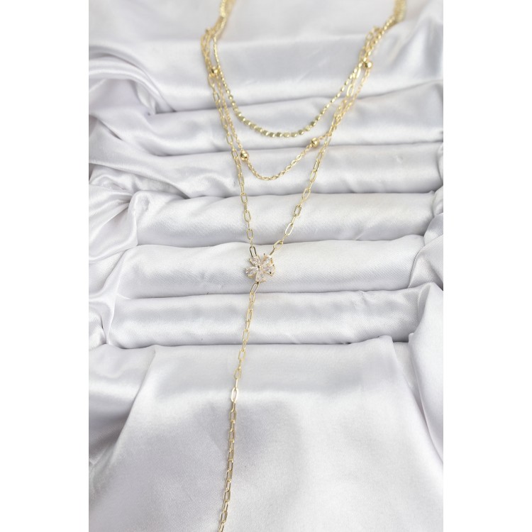 Pirinç Gold Renk Zirkon Taşlı Çiçek Model Detaylı 3'lü Kombin Y Kadın Kolye - TJ-BKO10697