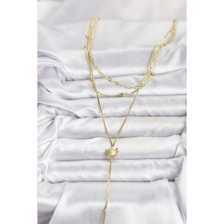 Pirinç Gold Renk Zirkon Taşlı Güneş Model Detaylı 3'lü Kombin Y Kadın Kolye - TJ-BKO10698