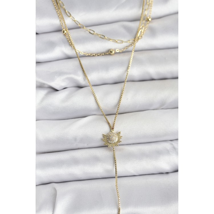 Pirinç Gold Renk Zirkon Taşlı Güneş Model Detaylı 3'lü Kombin Y Kadın Kolye - TJ-BKO10698