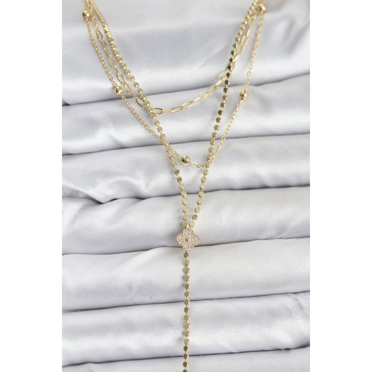 Pirinç Gold Renk Zirkon Taşlı Yonca Model Detaylı 3'lü Kombin Y Kadın Kolye - TJ-BKO10699