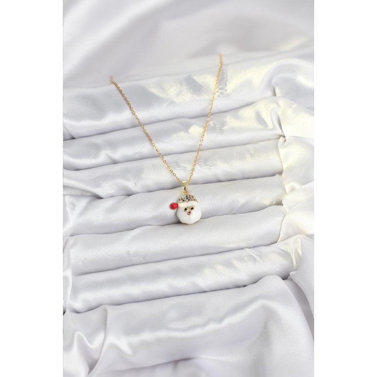 316L Çelik Zincir Gold Renk Şapkalı Kardan Adam Kafası Model Yılbaşı Temalı Kadın Kolye - TJ-BKO10703