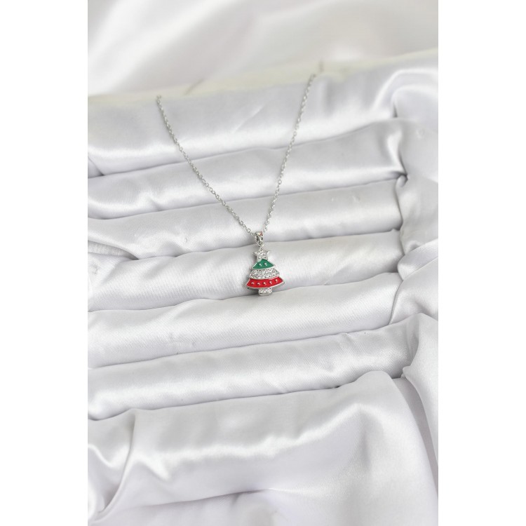 316L Steel Chain Silver Pine Tree Design with Zircon Stones Christmas-Themed Women's Necklace - TJ-BKO10711