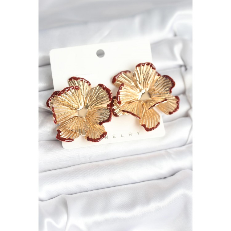 Gold-Plated Burgundy Detailed Lotus Women's Earrings - TJ-BKP11366