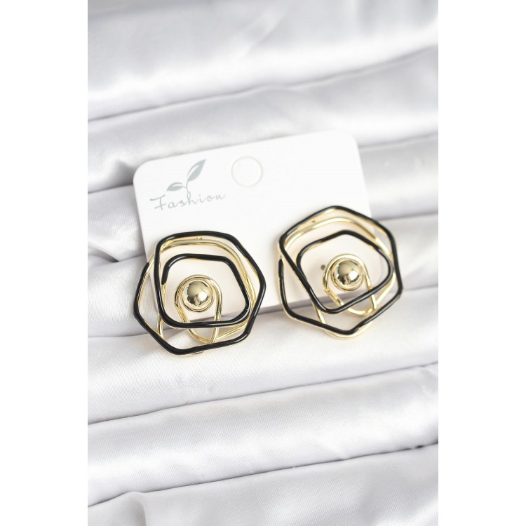 Gold-Plated Black Enamel Geometric Rose Design Women's Earrings - TJ-BKP11376