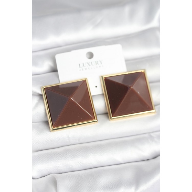 Gold-Colored Brown Pyramid-Shaped Women's Earrings - TJ-BKP11383