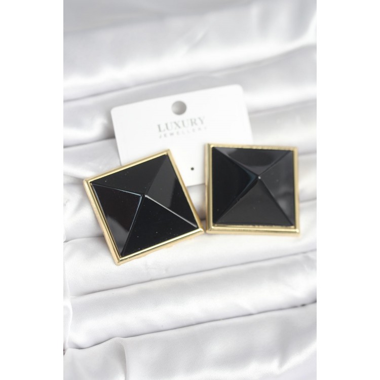 Gold-Plated Black Pyramid-Shaped Women's Earrings - TJ-BKP11385