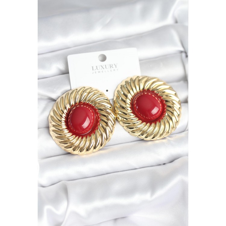 Gold-Colored Vintage Women's Earrings with Burgundy Beads - TJ-BKP11389