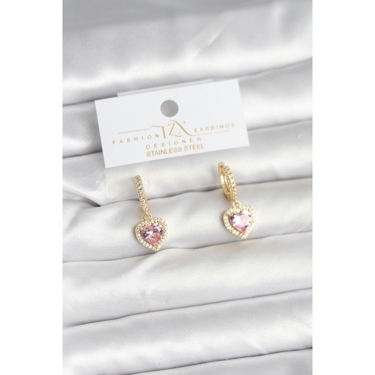 Gold Pink Color Zircon Stone Heart Model Women's Earrings - TJ-BKP11393
