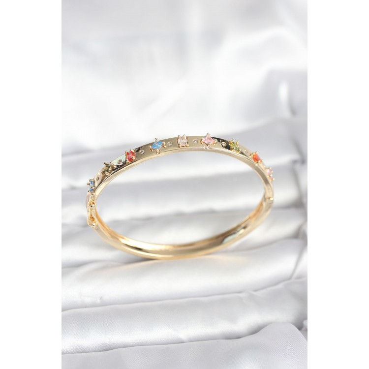 Pirinç Gold Renk Zirkon Taşlı Kelepçe Bileklik - TJ-BB8087