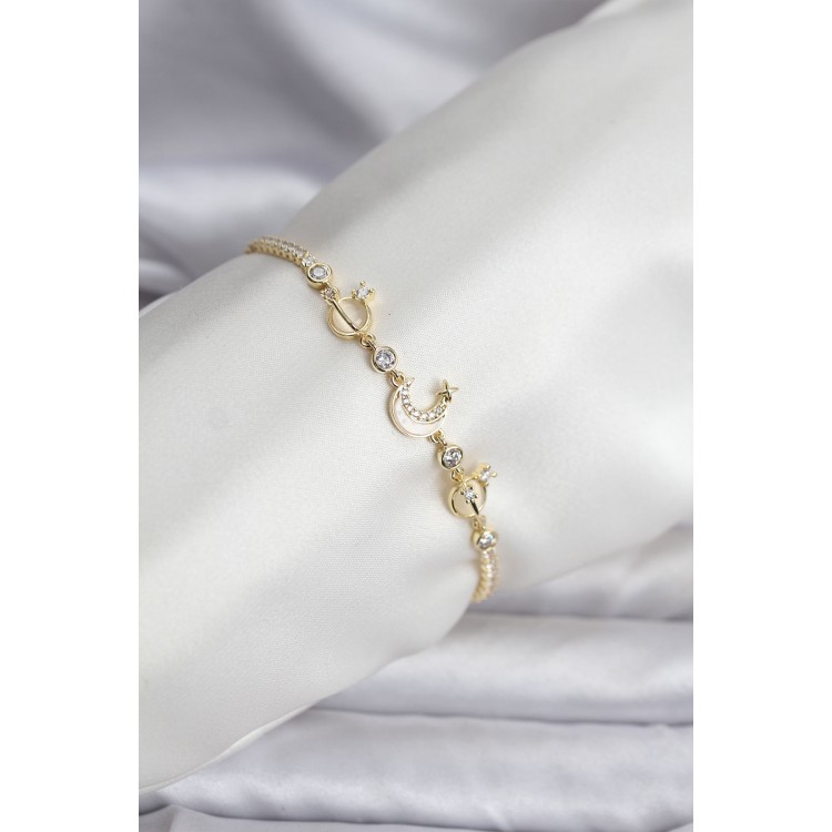 Charmlı Model Zirkon Taşlı Gold Renk Su Yolu Kadın Bileklik - TJ-BB8108