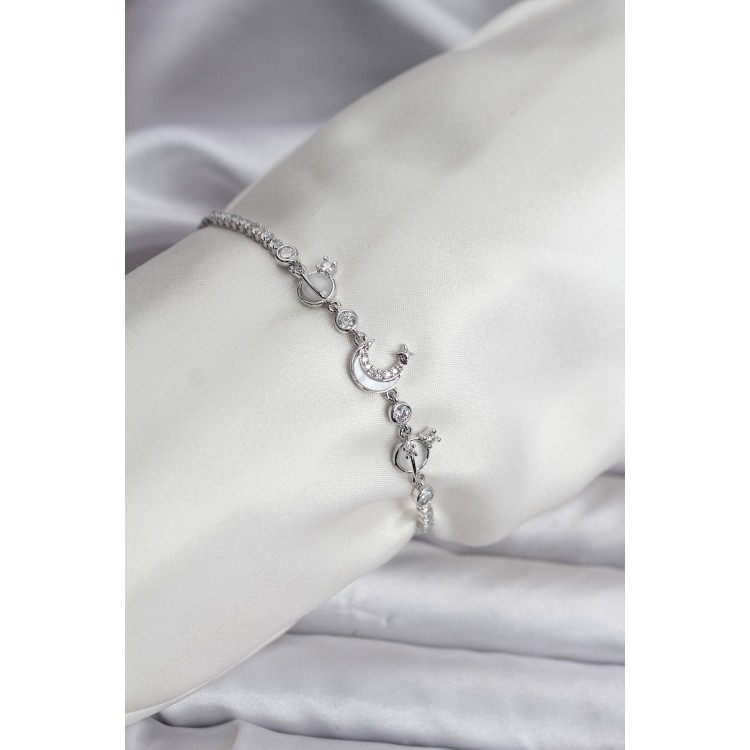 Charmlı Model Zirkon Taşlı Gümüş Renk Su Yolu Kadın Bileklik - TJ-BB8109