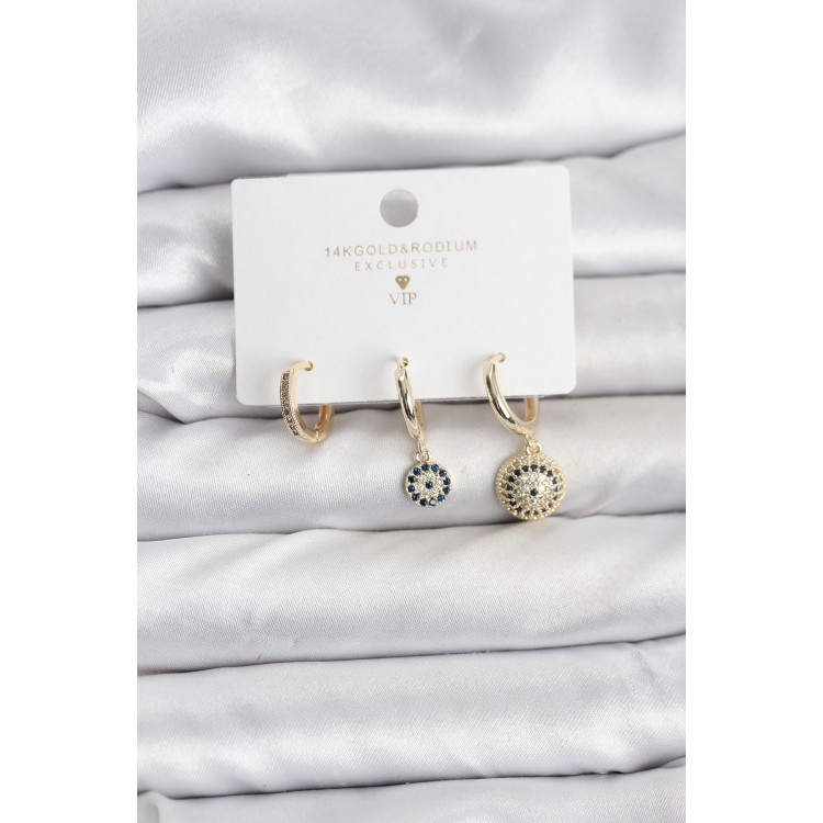 Nazar Model Gold Color Brass 3-Piece Women's Earring Set - TJ-BKP11441