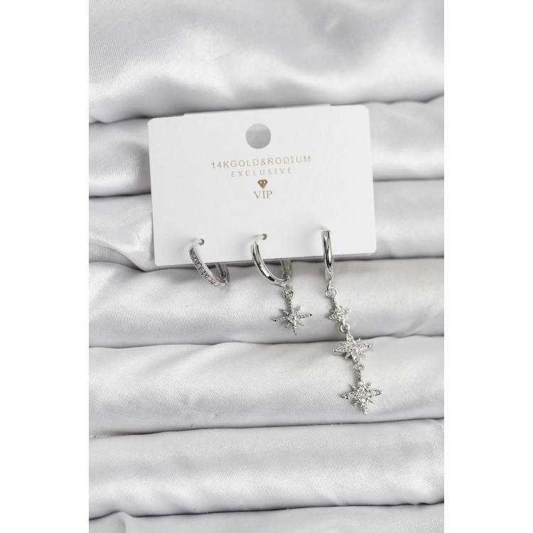 Kutup Yıldızı Model Gümüş Renk Pirinç 3'lü Kadın Küpe Seti - TJ-BKP11444