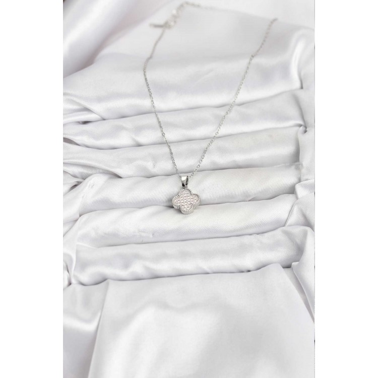 316L Çelik Zincir Gümüş Renk Zirkon Taşlı Yonca Model Kadın Kolye - TJ-BKO10772