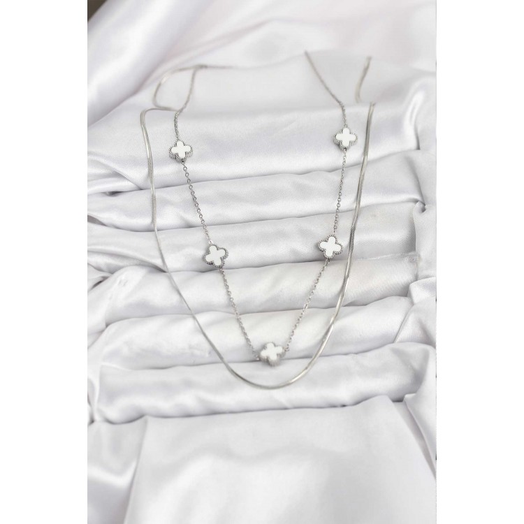 316L Çelik Zincir Gümüş Renk İtalyan Zincirli Yonca Model Kadın Kolye - TJ-BKO10779