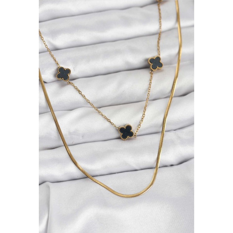316L Steel Chain Gold Color Italian Chain Black Clover Model Women's Necklace - TJ-BKO10782