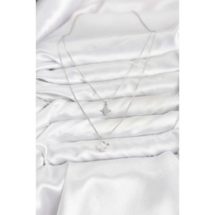 Pirinç Gümüş Renk Yonca Model 2'li Kadın Kolye - TJ-BKO10802