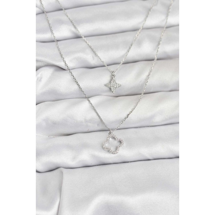 Pirinç Gümüş Renk Yonca Model 2'li Kadın Kolye - TJ-BKO10802