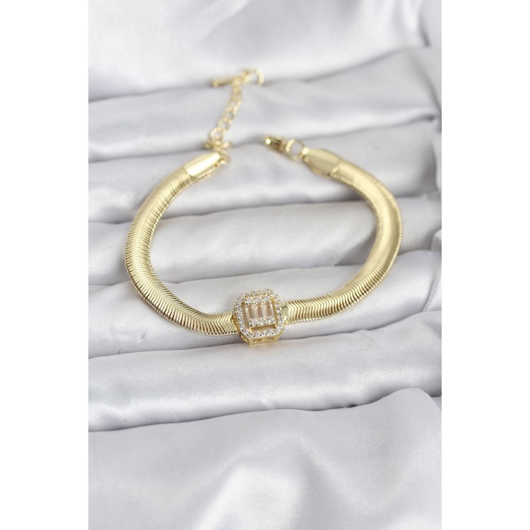 316L Çelik Gold Renk Baget Zirkon Taşlı Yılan Zincirli Kadın Bileklik - TJ-BB8154