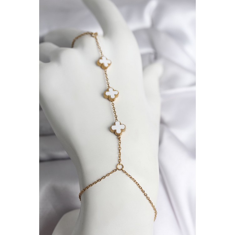 316L Çelik Gold Renk Beyaz Yonca Model Kadın Şahmeran - TJ-SN734