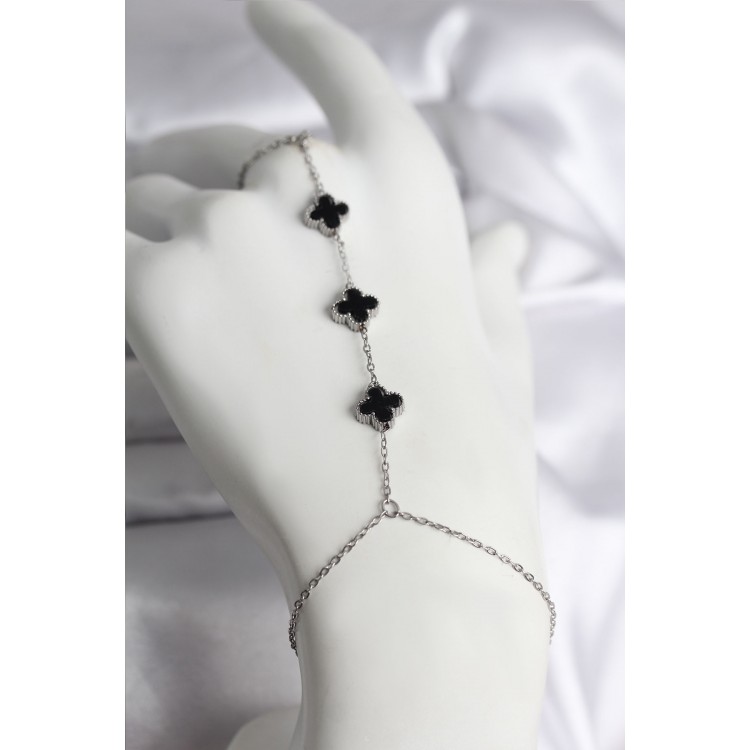 316L Çelik Gümüş Renk Siyah Yonca Model Kadın Şahmeran - TJ-SN737