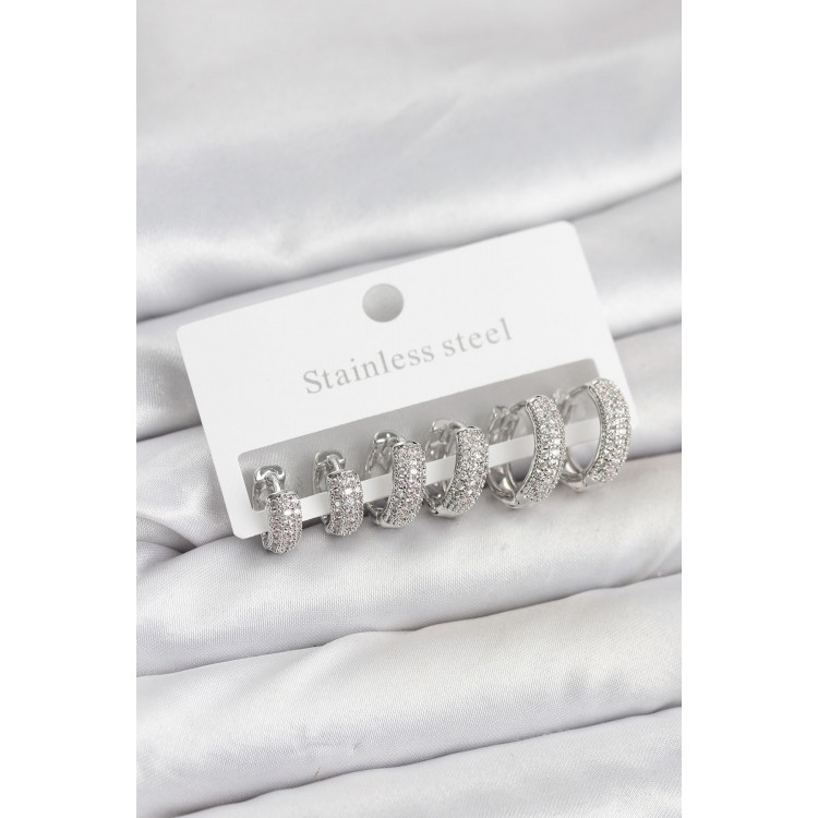 316L Stainless Steel Silver-Colored Zircon Stone Hoop Earring Set - TJ-BKP11521