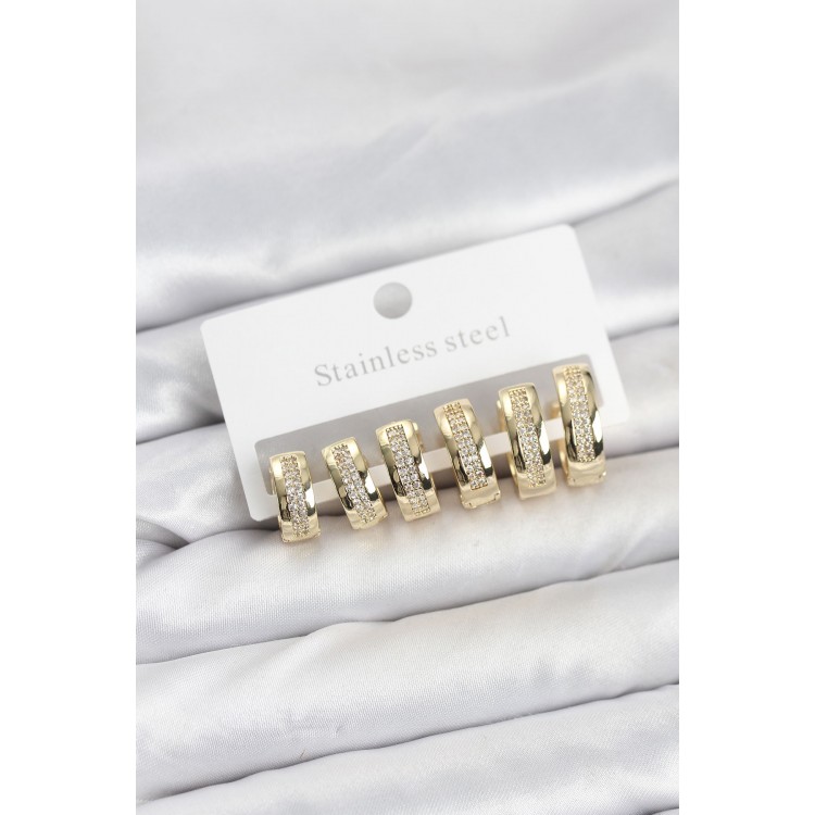 316L Çelik Gold Renk Zirkon Taşlı Halka Küpe Seti - TJ-BKP11526