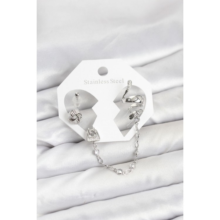 Silver-Colored Snake-Pattern Chain-Linked Ear Cuff Earrings Set - TJ-BKP11533