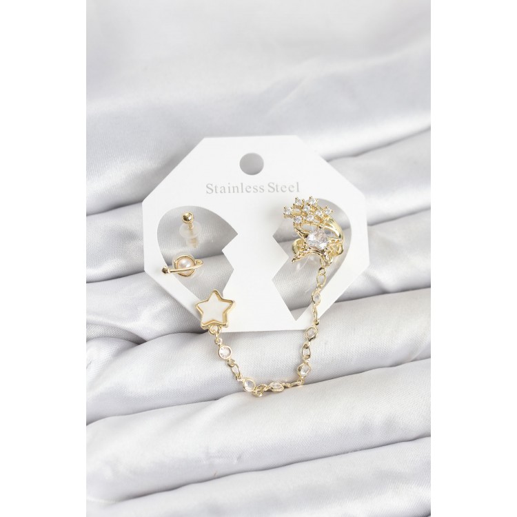 Gold-Colored Star-Shaped Chain-Linked Ear Cuff Earrings Set - TJ-BKP11538
