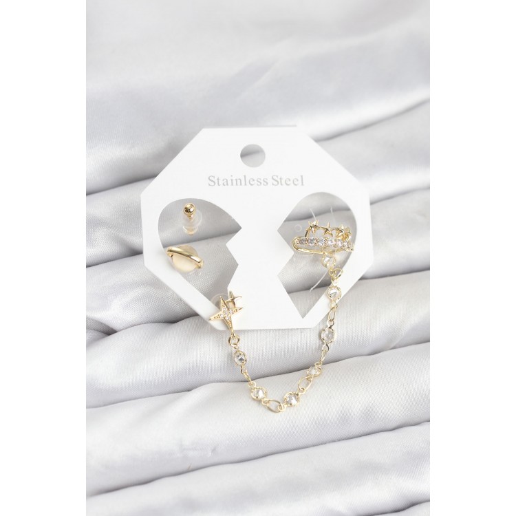 Gold-Colored Space Model Chain-Linked Ear Cuff Earrings Set - TJ-BKP11542