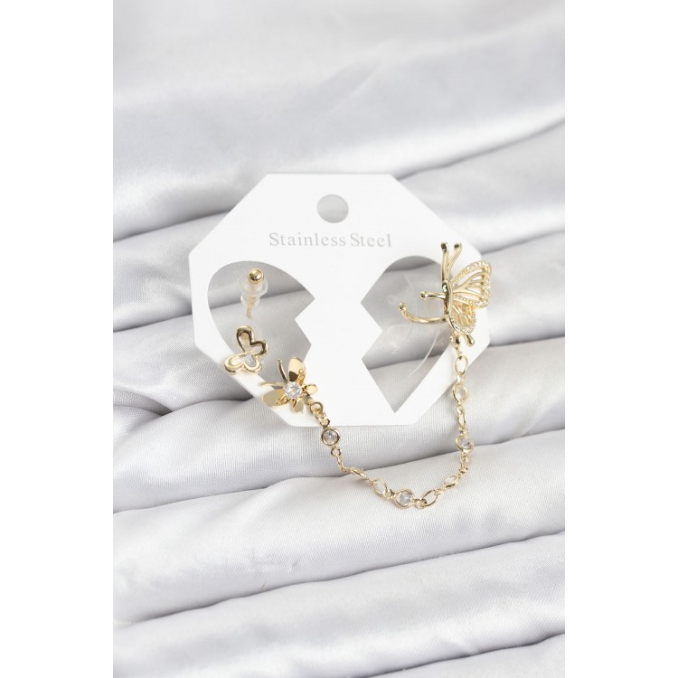 Kelebekli Model Pirinç Gold Renk Zincir Bağlantılı Ear Cuff Küpe Seti - TJ-BKP11544
