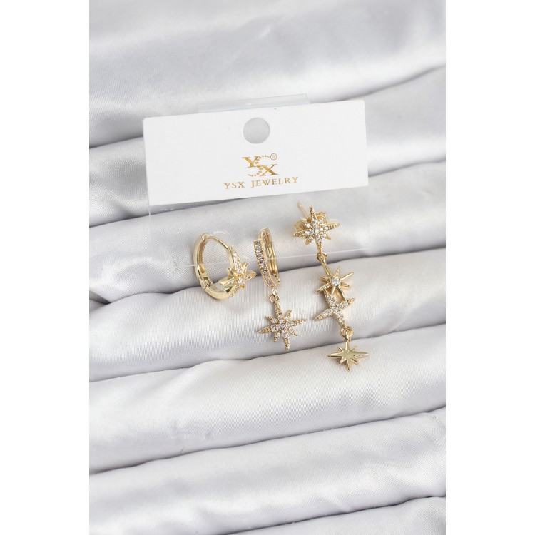 Gold-Colored Zircon Stone Polar Star Model YSX Trio Earring Set - TJ-BKP11564