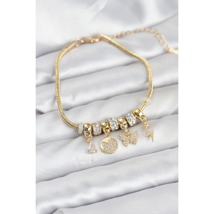 Pirinç Gold Renk Kelebek Charmlı Kadın Bileklik - TJ-BB8193